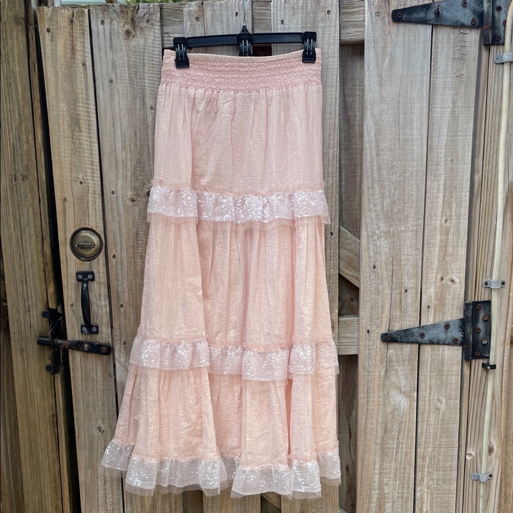Love Shack Fancy Elegant light peach colored Layered Skirt. Size small